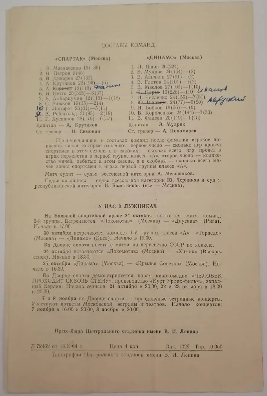 СПАРТАК МОСКВА - ДИНАМО МОСКВА 1964 оф. программа 21.10. 1