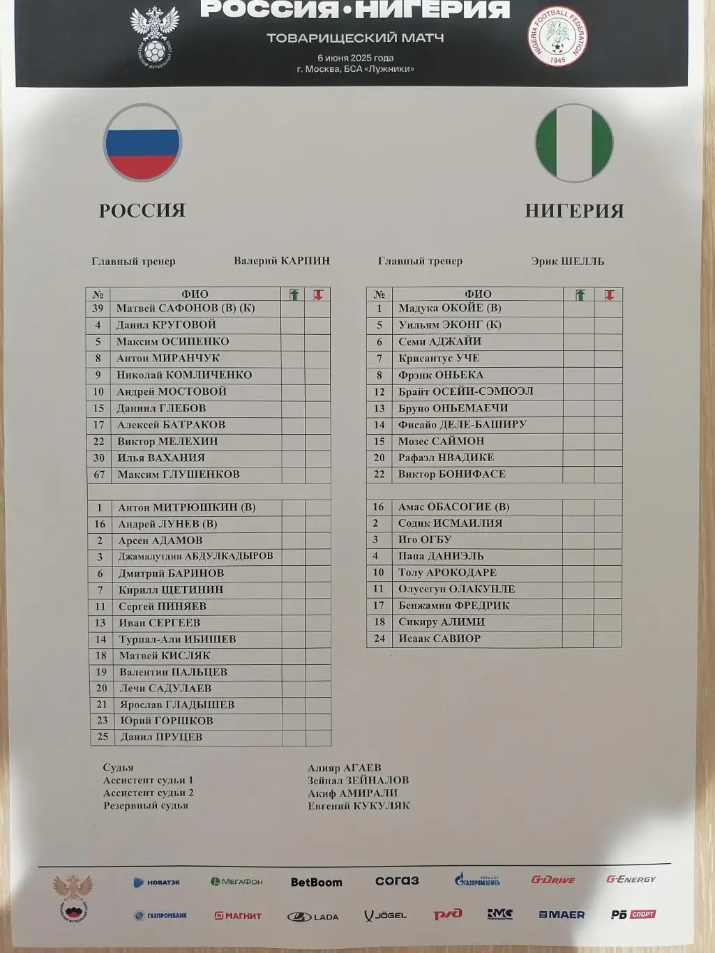 Сборная РОССИЯ - НИГЕРИЯ 2025 официальный протокол