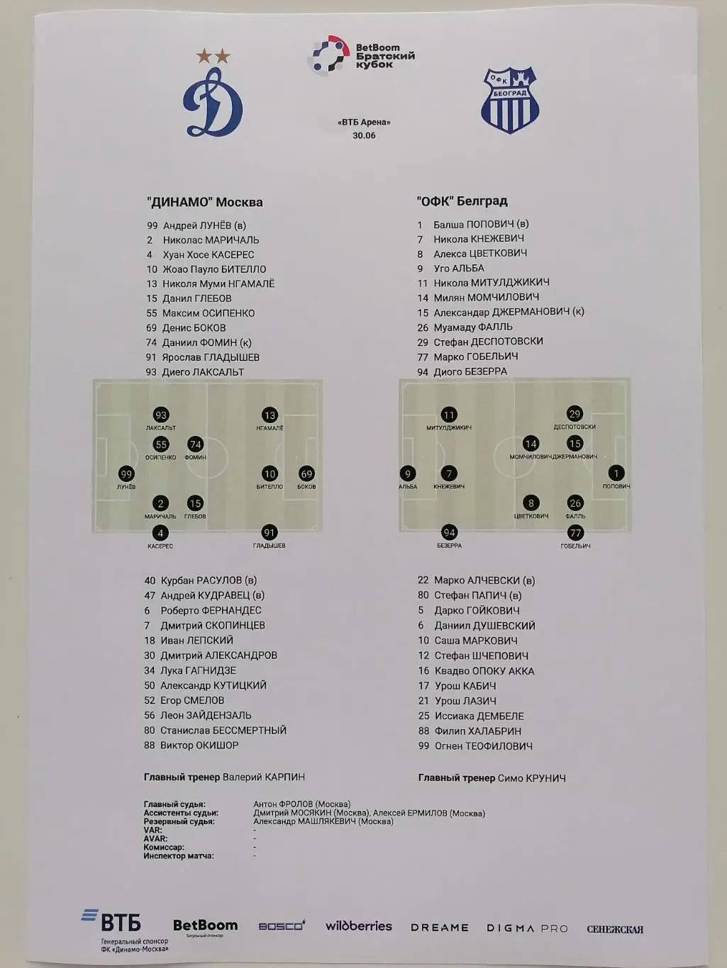 ДИНАМО Москва - ОФК Белград - 2025 оф. протокол