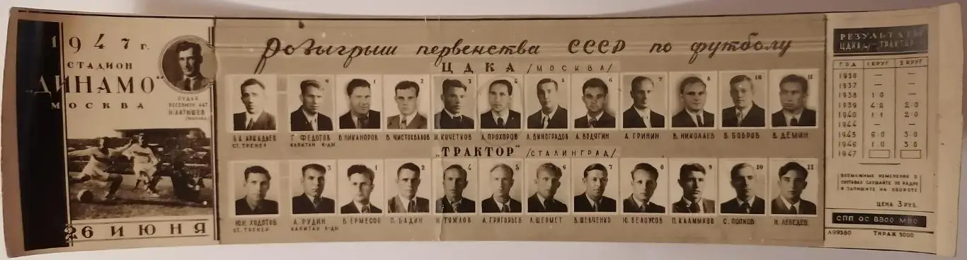 ЦДКА ЦСКА МОСКВА - ТРАКТОР Ротор СТАЛИНГРАД ВОЛГОГРАД 1947 фотопрограмма 26.06.