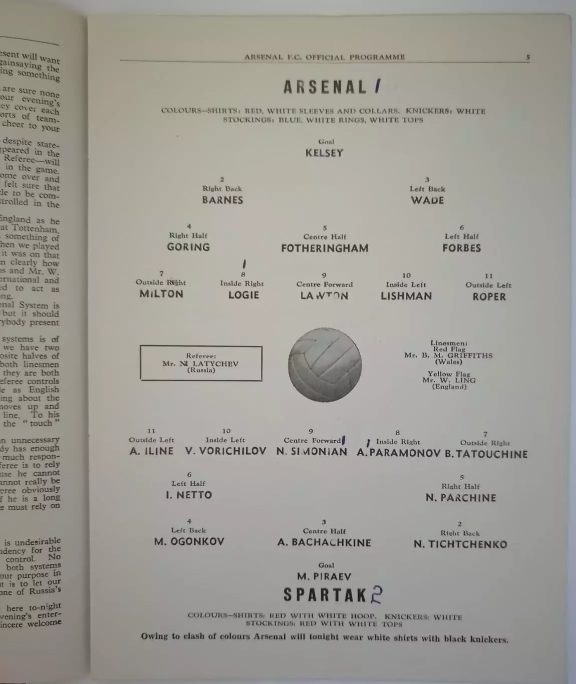 АРСЕНАЛ ЛОНДОН АНГЛИЯ - СПАРТАК МОСКВА 1954 официальная программа 1