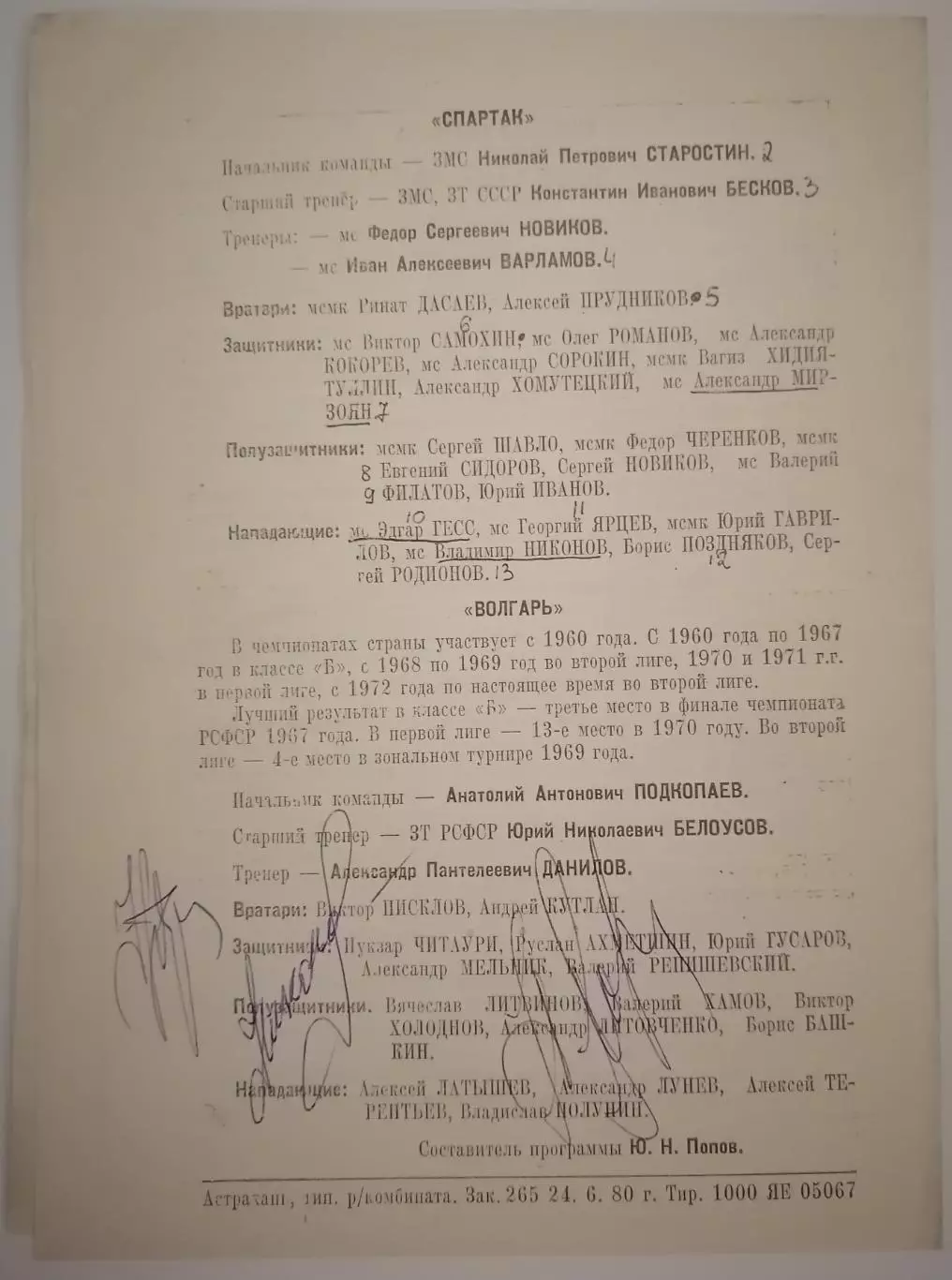 ВОЛГАРЬ Астрахань - СПАРТАК Москва 1980 оф. прогр. АВТОГРАФ ГЕСС НИКОНОВ МИРЗОЯН 1