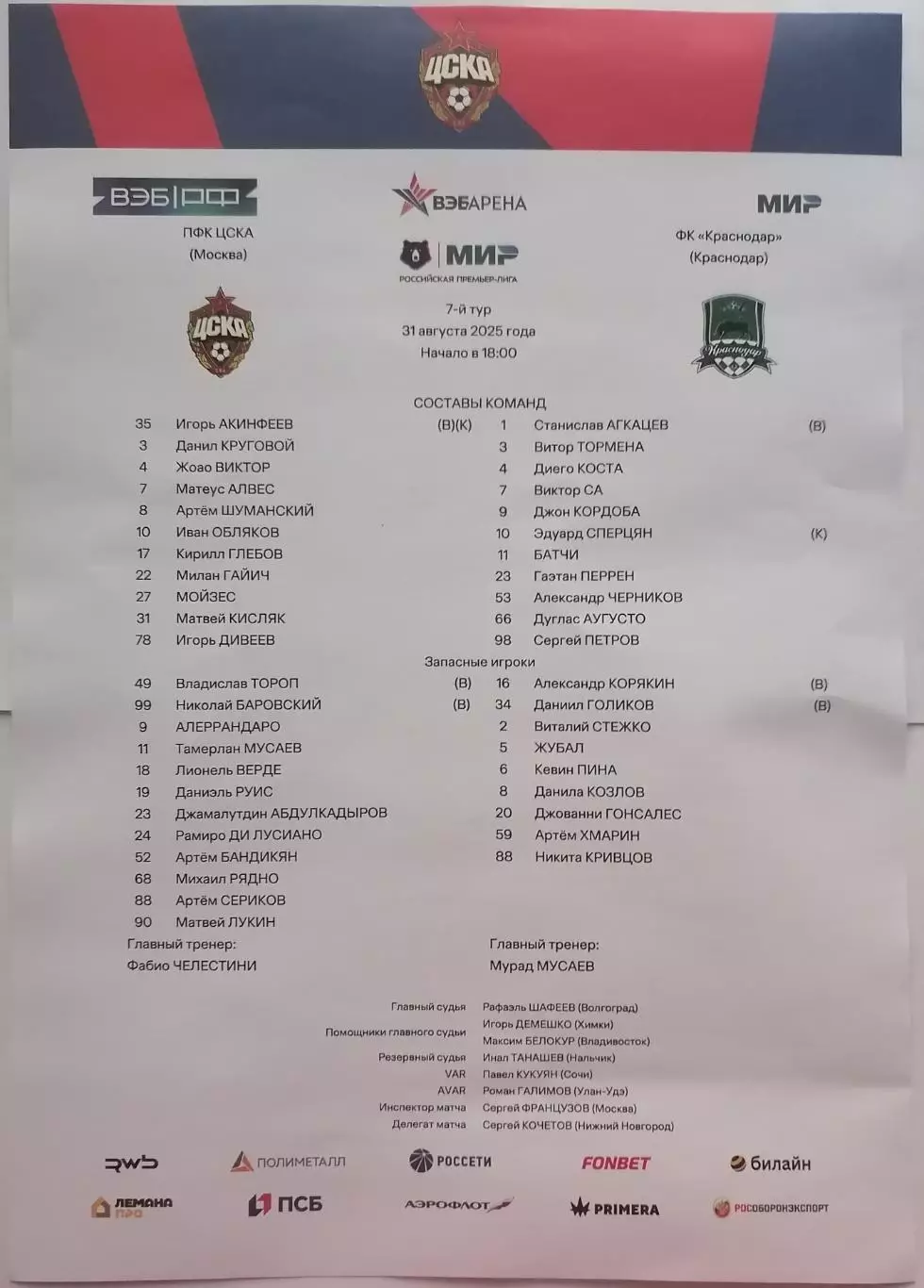 ЦСКА Москва - ФК КРАСНОДАР 2025 оф. протокол