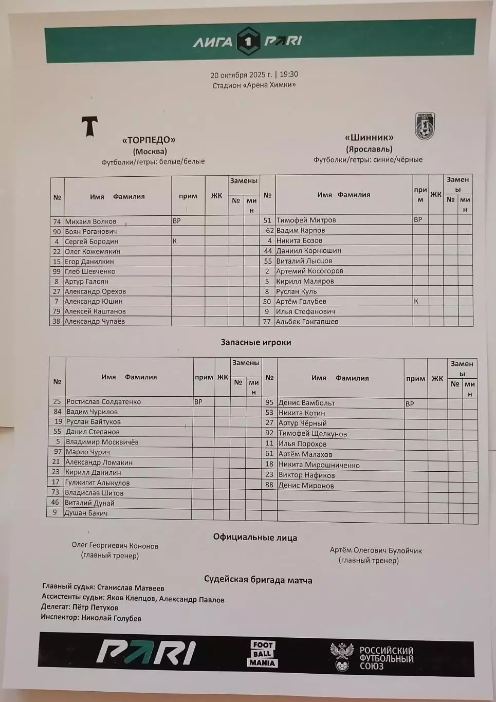 ФК ТОРПЕДО Москва - ФК ШИННИК Ярославль 20.10. 2025 оф. протокол