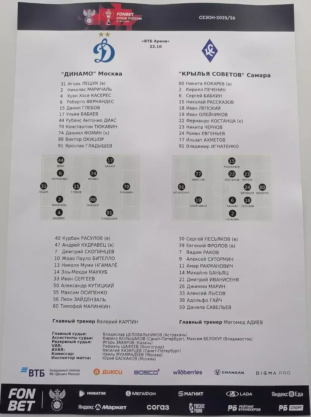ДИНАМО Москва - ФК КРЫЛЬЯ СОВЕТОВ Самара 2025 оф. протокол КУБОК