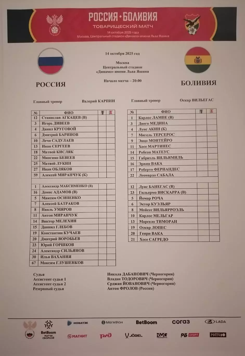 Сборная РОССИЯ - БОЛИВИЯ 2025 официальный протокол