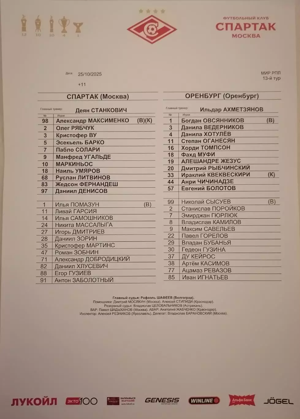 СПАРТАК Москва - ФК ОРЕНБУРГ 2025 оф. протокол 25.10.