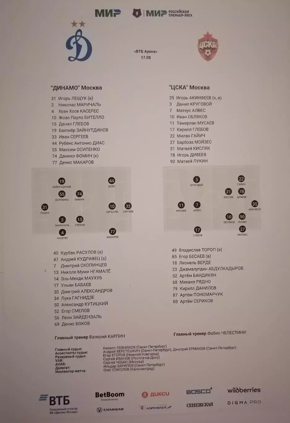 ДИНАМО Москва - ПФК ЦСКА Москва 2025 оф. протокол