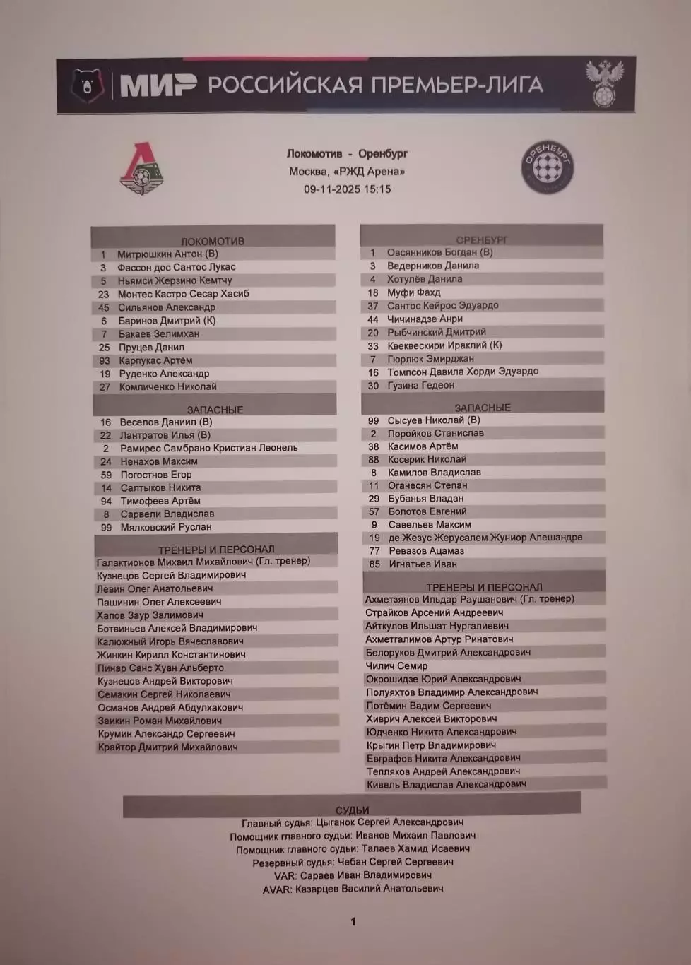 ЛОКОМОТИВ Москва - ОРЕНБУРГ - 2025 оф. протокол