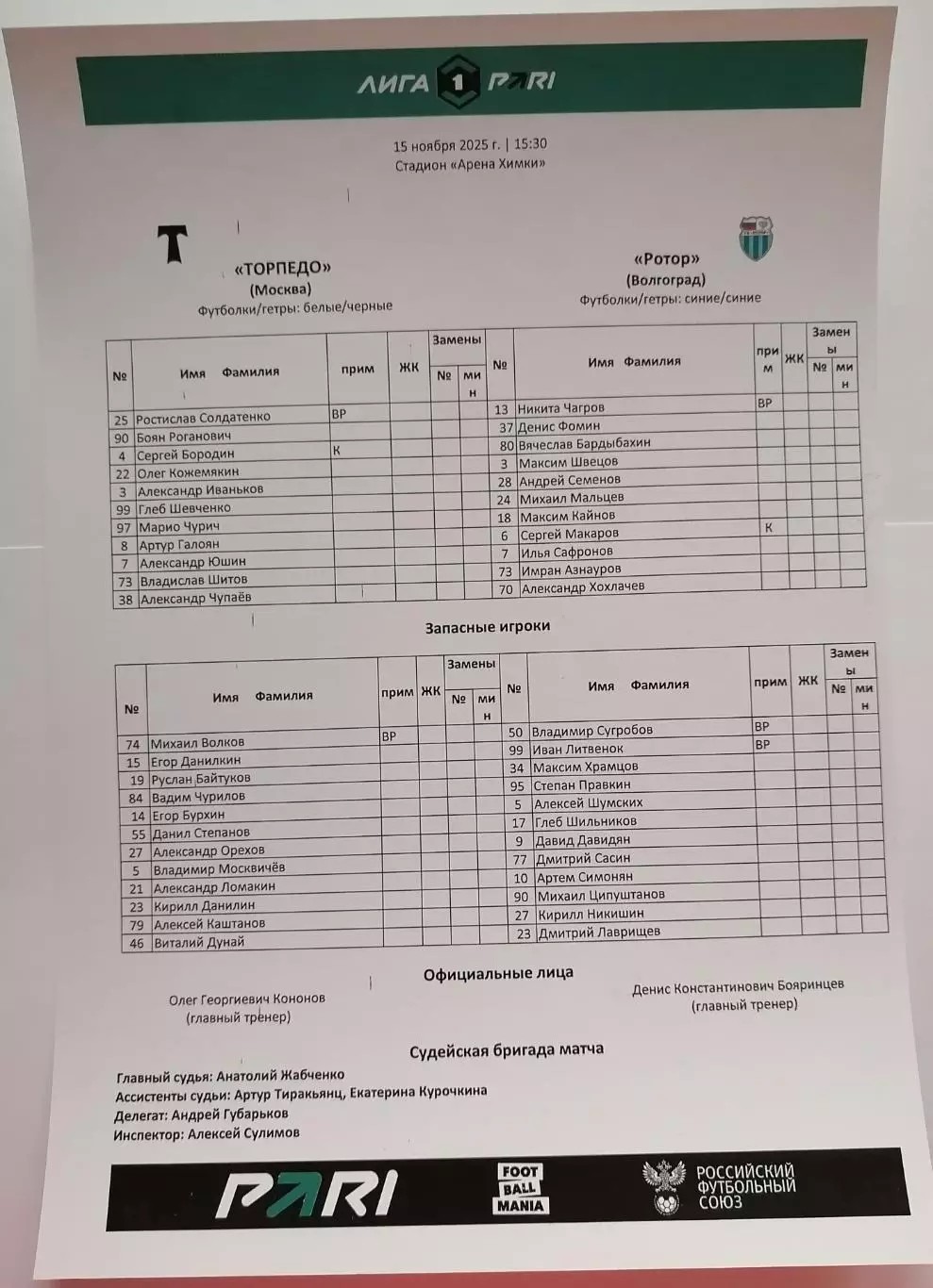 ФК ТОРПЕДО Москва - ФК РОТОР Волгоград 15.11. 2025 оф. протокол