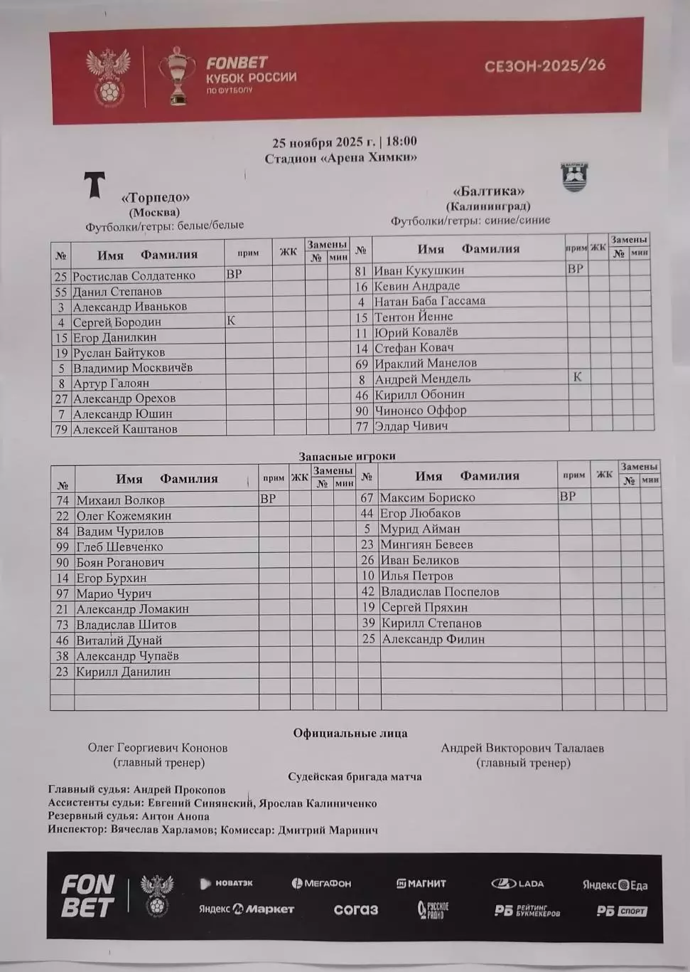 ФК ТОРПЕДО Москва - ФК БАЛТИКА Калининград 25.11. 2025 оф. протокол