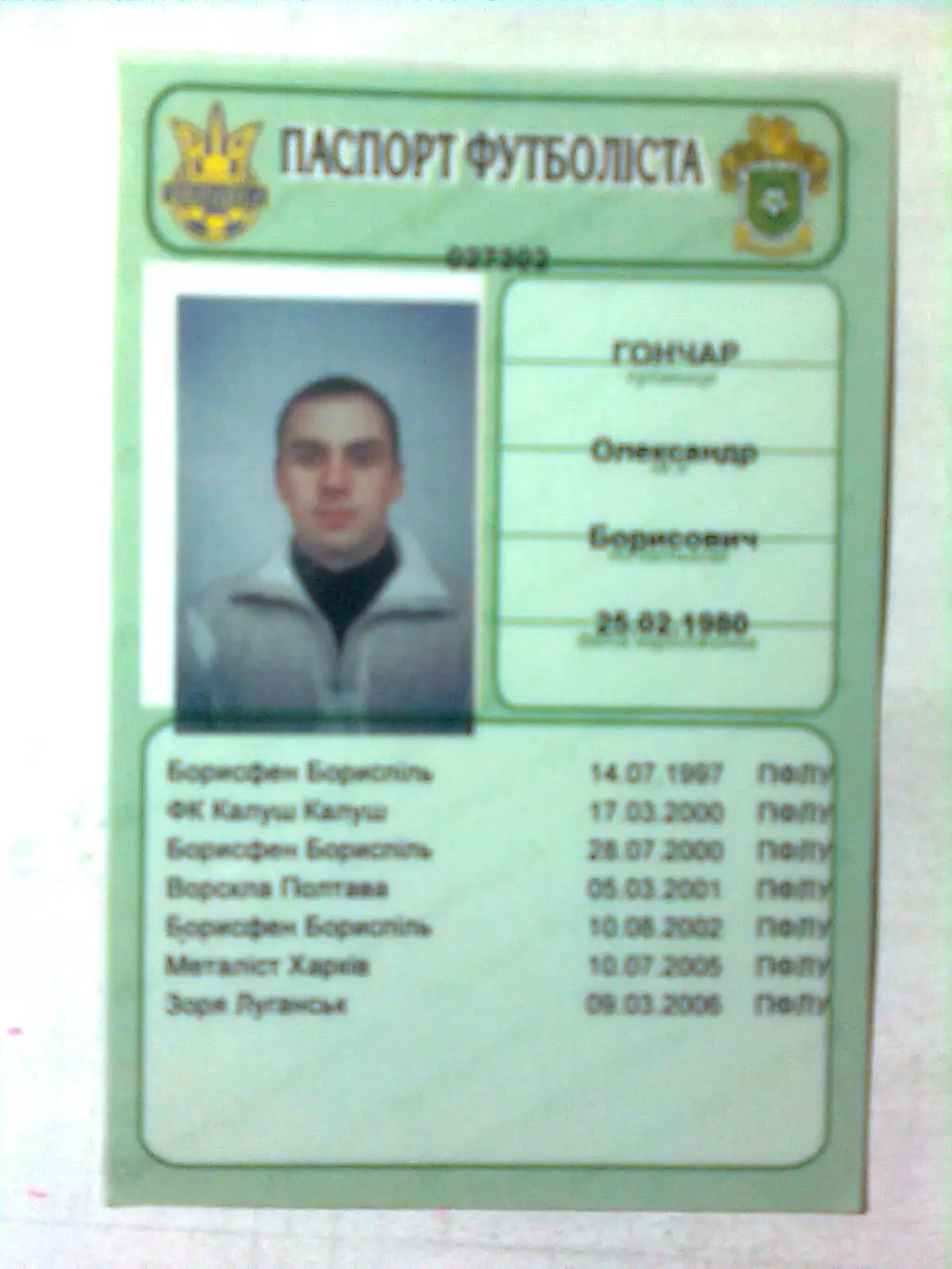 Паспорт футболиста. Гончар А.Б. Заря(Луганск).2006 г. 1