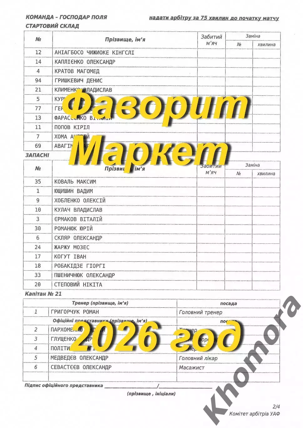 Черноморец (Одесса) - Ингулец (Петрово) 08.04.2026 - стартовый протокол матча 1