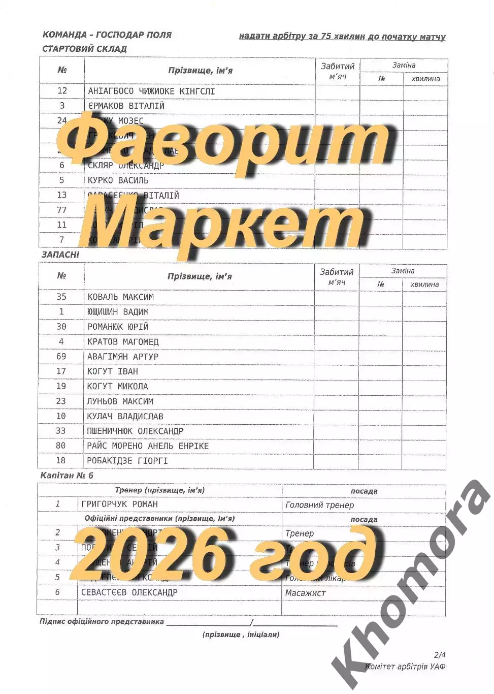 Черноморец (Одесса) - Прикарпатье (И-Ф) 03.05.2026 - стартовый протокол матча