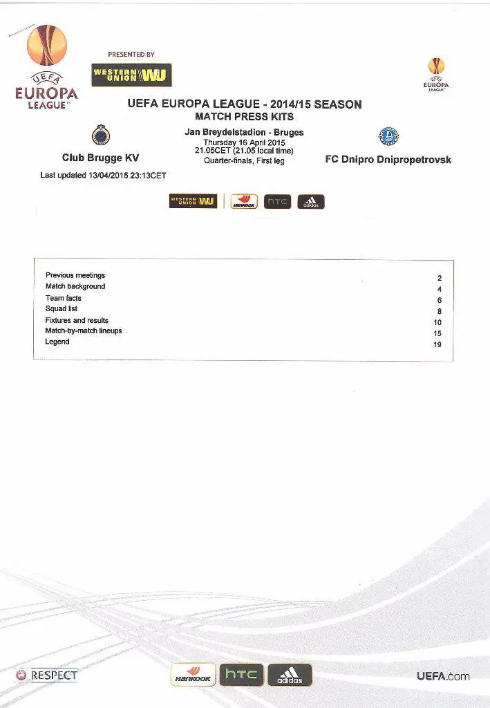 Брюгге (Бельгия) - Днепр (Украина)ЛЕ 2014/1516.04.2015 - папка+пресс-кит 1