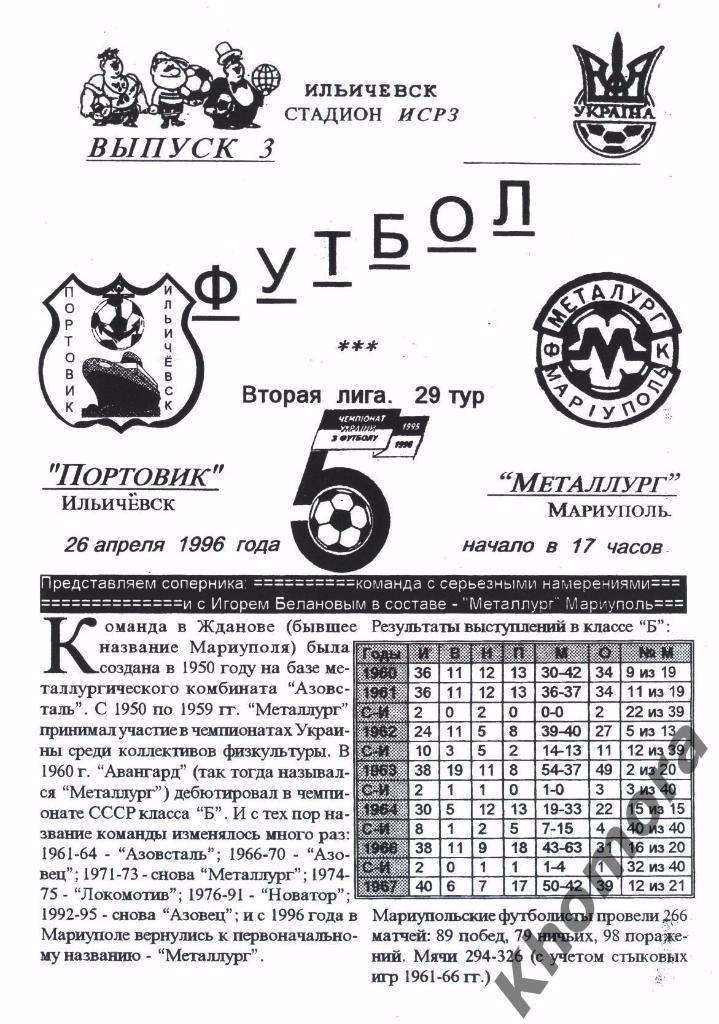 Портовик (Ильичевск) - Металлург (Мариуполь) ЧУ 2-я лига 1995/96 официал. пр-ма