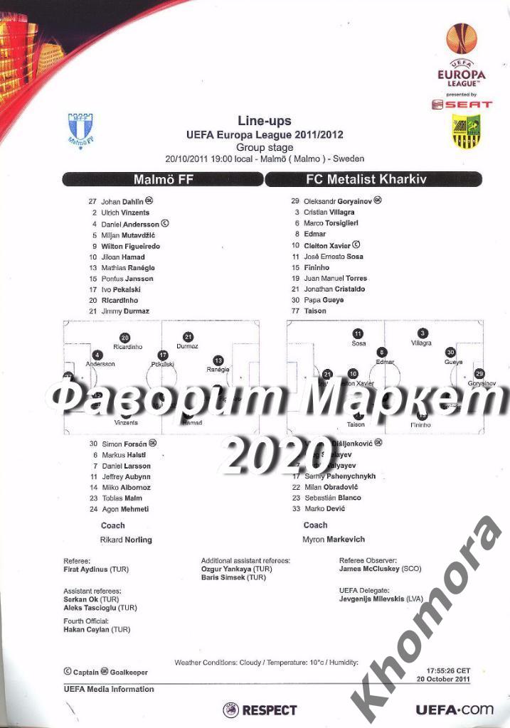 Мальме (Швеция) - Металлист (Харьков,Украина) ЛЕ 20.10.2011 - стартовый протокол