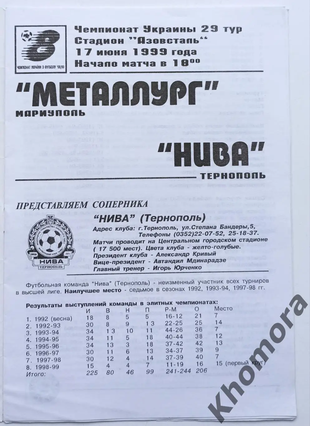 Металлург (Мариуполь) - Нива (Тернополь) 17.06.1999 - официальная программа 1