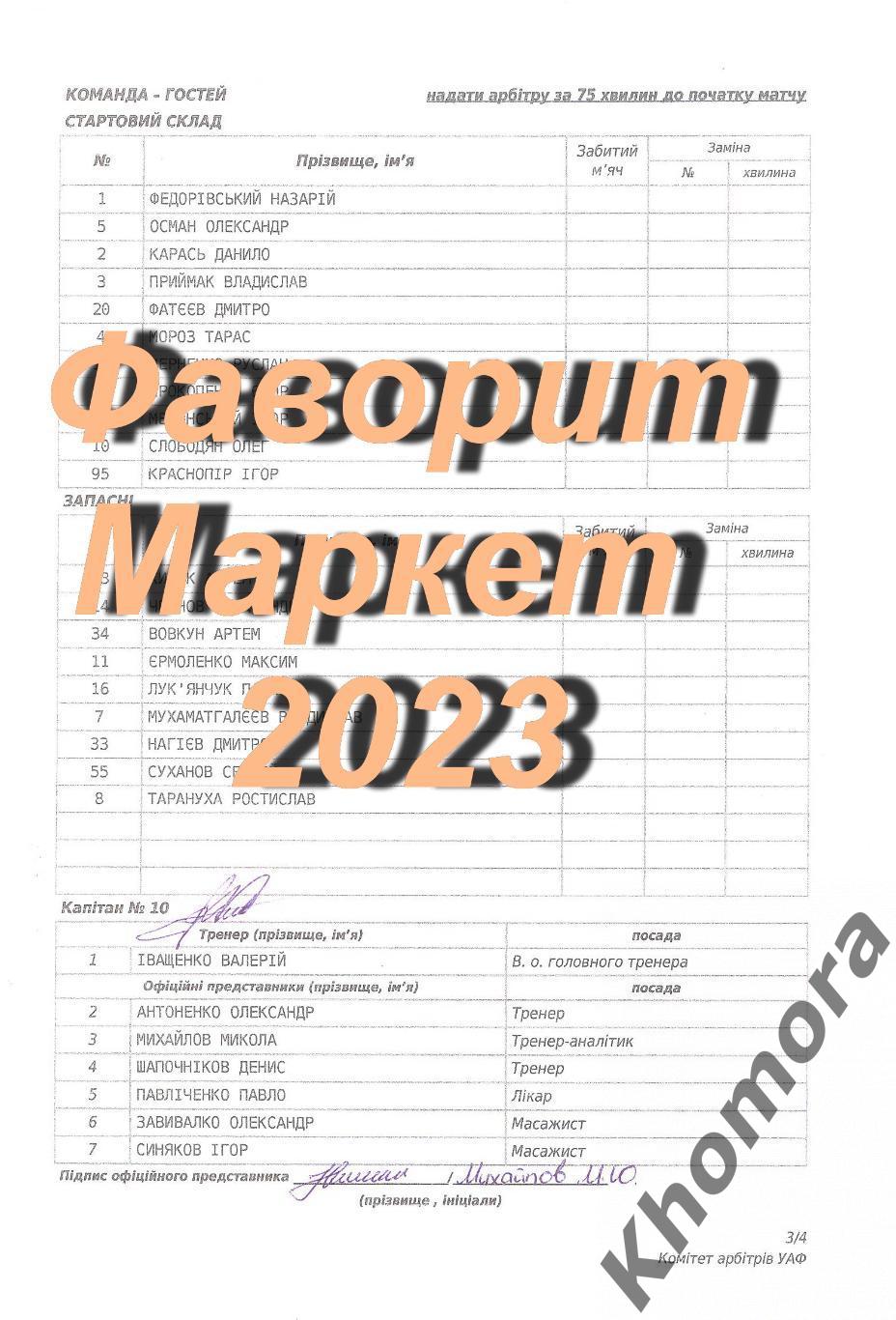 Черноморец (Одесса) - Оболонь (Киев) 12.08.2023 - старт.протокол (двухсторонний) 1