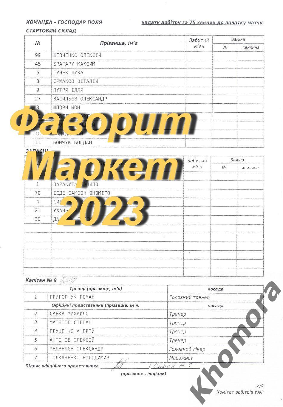 Черноморец (Одесса) - Динамо (Киев) 20.08.2023 - старт.протокол (двухсторонний) 1