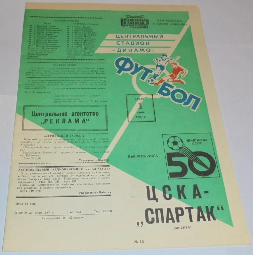 ЦСКА МОСКВА - СПАРТАК МОСКВА - 1987 официальная программа