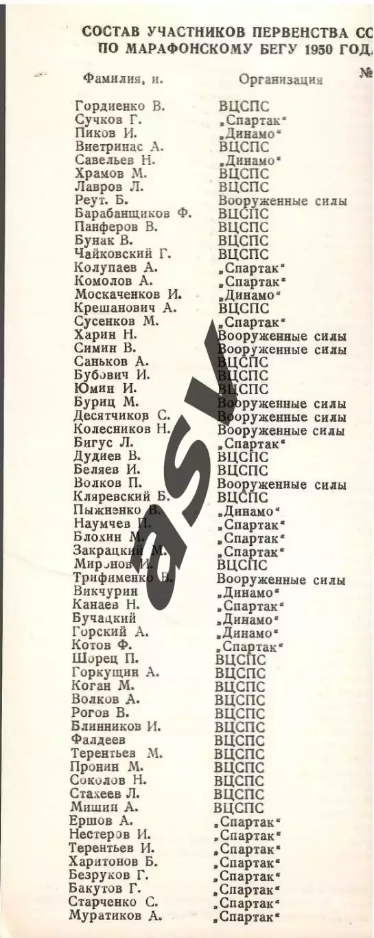 Марафонский бег Первенство СССР — 15.07.1950 + Вкладыш 2
