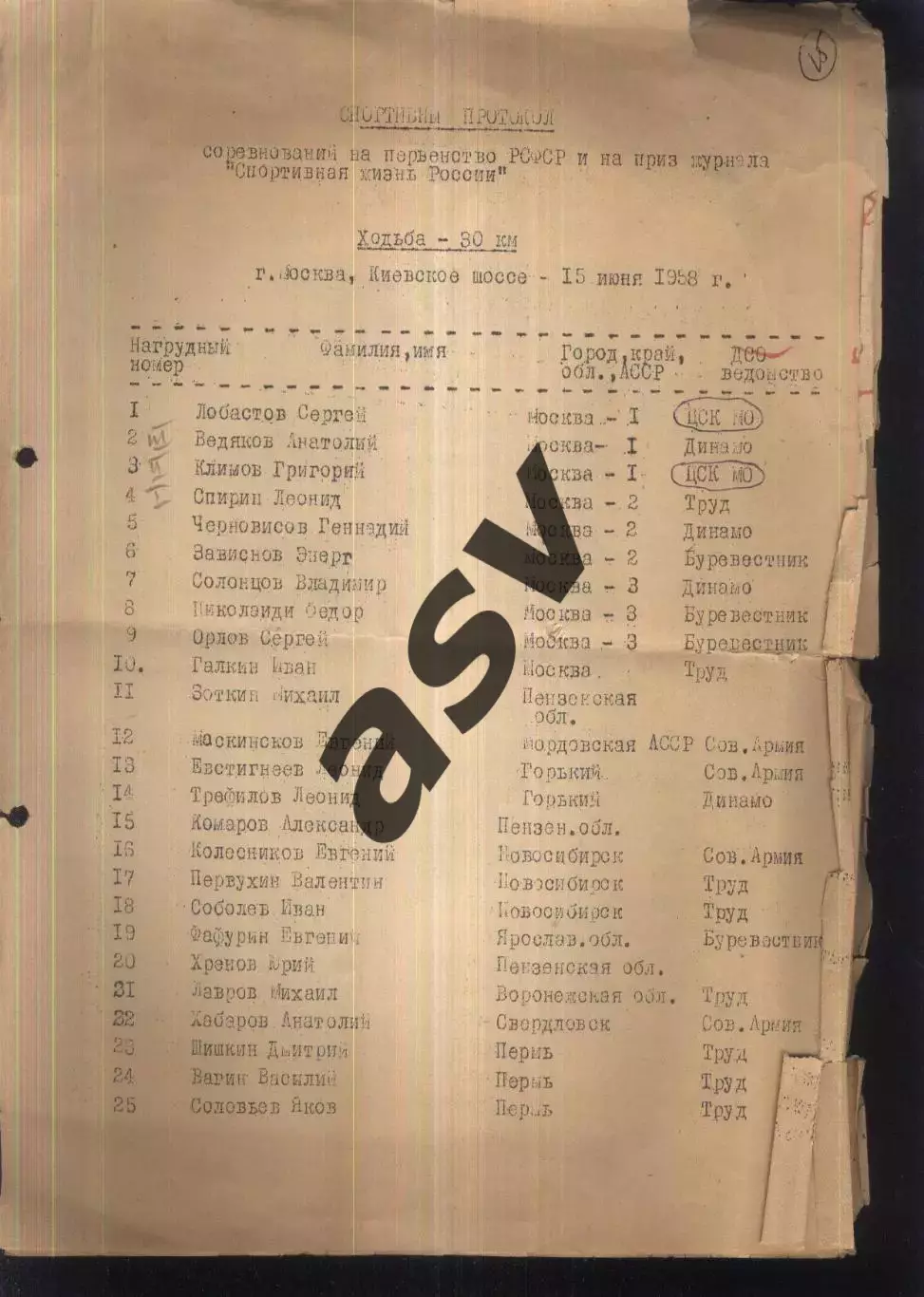 Легкая Атлетика Ходьба 30 км Москва Киевское Шоссе — 15.06.1958 Первенство РСФСР