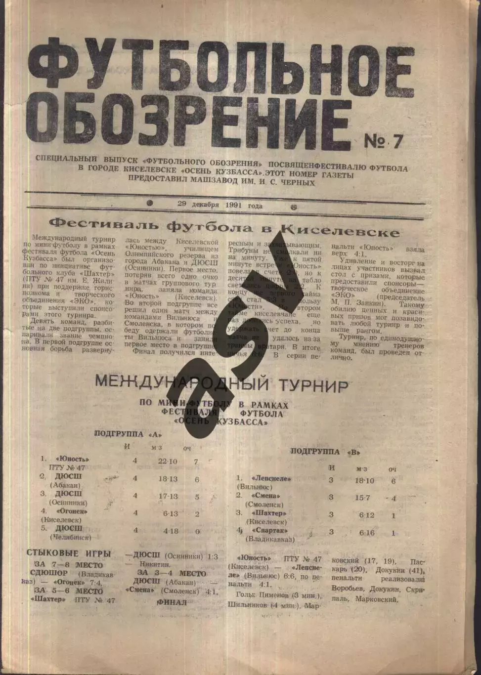 Турниры в Киселевске. Юноши — 06-09.11.1991 Екатеринбург, Челябинск, Владикавказ
