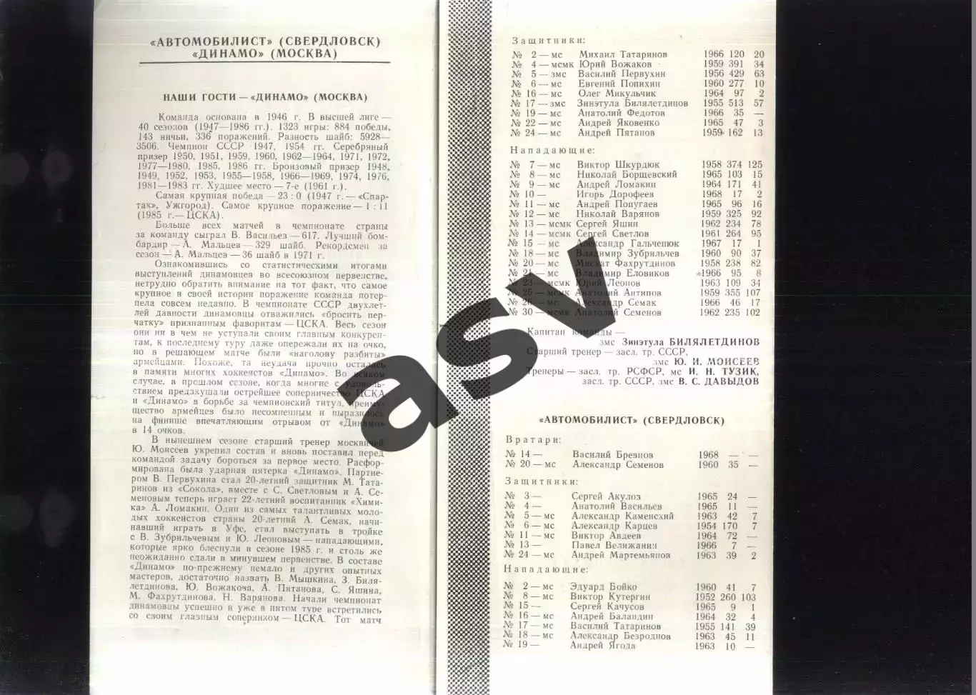 Автомобилист Свердловск - Динамо Москва — 25.11.1986 2
