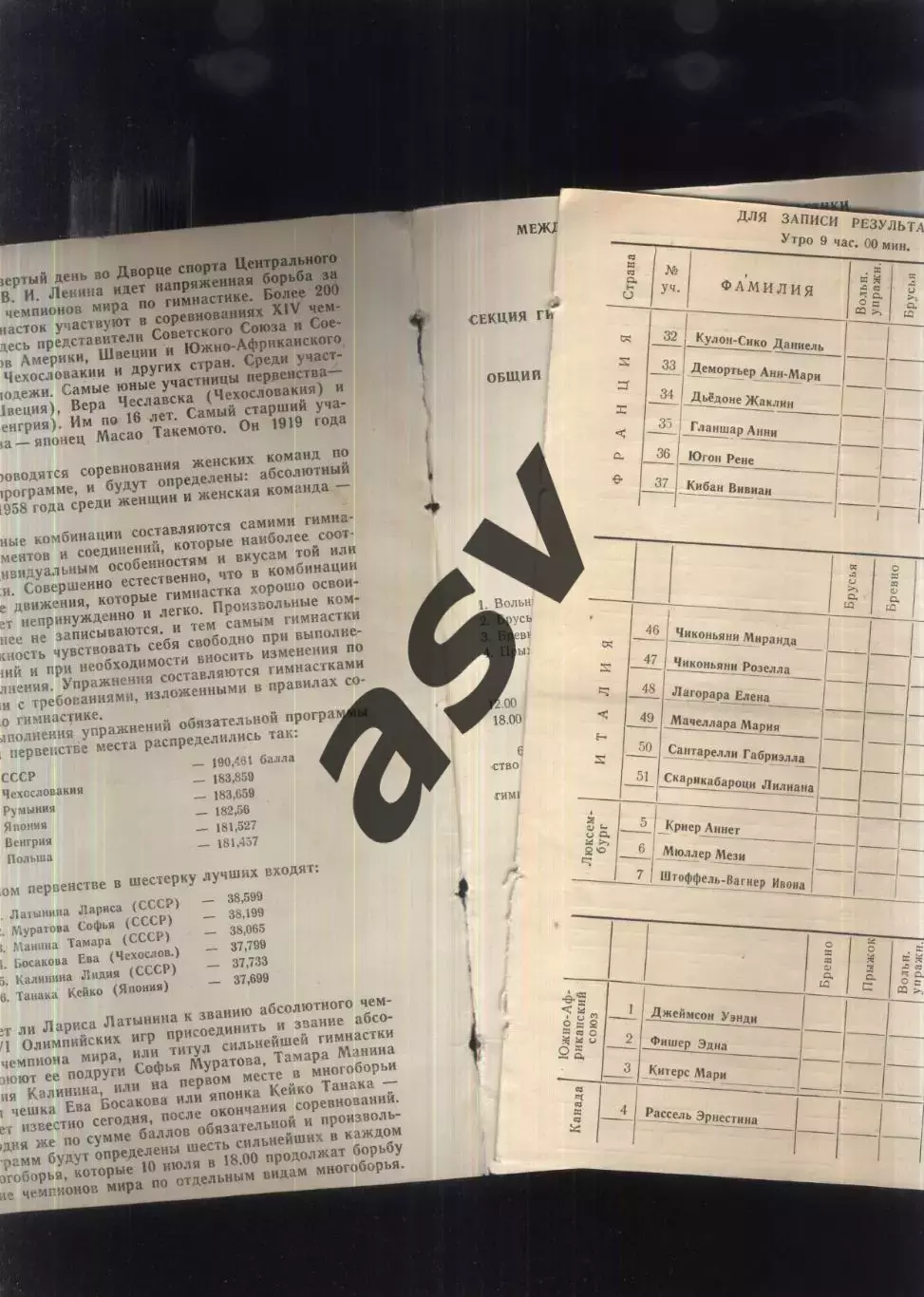 1958 Гимнастика Первенство мира — 09.07.1958 + вкладыш Москва 2