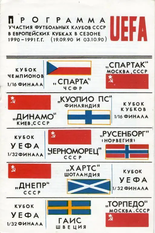 Футбол 1990-1991 г.г. I круг. Европейские Кубки