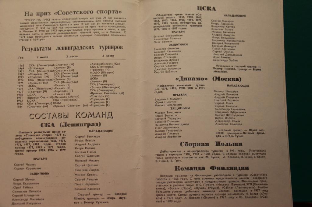 1986 турнир Советский спорт хоккей Ленинград 1