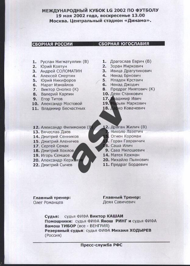 Протокол матча Россия - Югославия 19.05.2002 Кубок LG