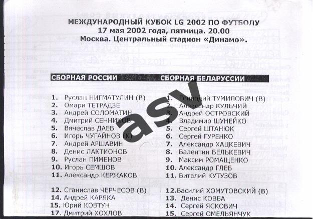 Протокол матча Россия - Беларусь 17.05.2002 Кубок LG