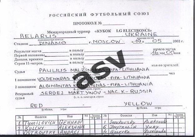 Протокол матча Украина - Беларусь 19.05.2002 Кубок LG