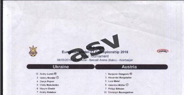Украина-Австрия-2016 Евро U-17. Стартовый протокол