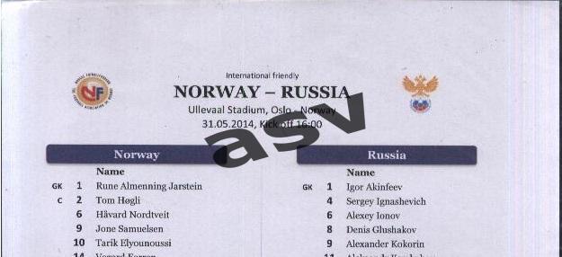 Норвегия — Россия. 31.05.2014 Стартовый протокол