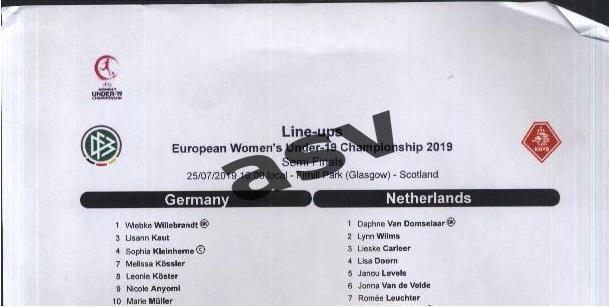 Германия — Голландия - 25.07.2019 U-19 женщины Полуфинал ЧЕ Старт.протокол
