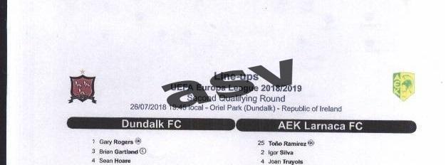 Дандолк Ирландия - АЕК Кипр - 26.07.2018 Лига Европы Стартовый протокол