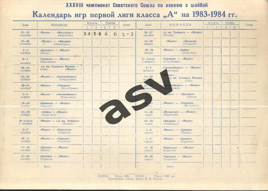 Молот Пермь Календарь игр 1983/1984