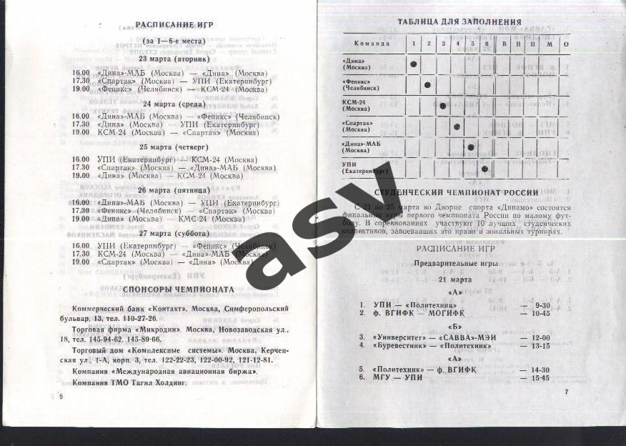 Чемпионат России по мини-футболу. Финал. 1 круг - 23-27.03.1993 1