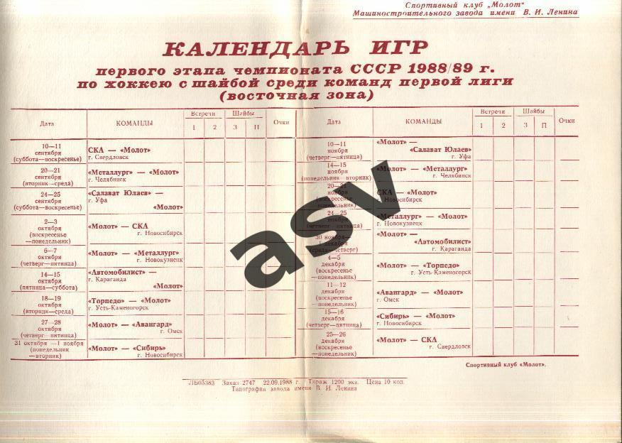 Молот Пермь Календарь игр 1988/1989