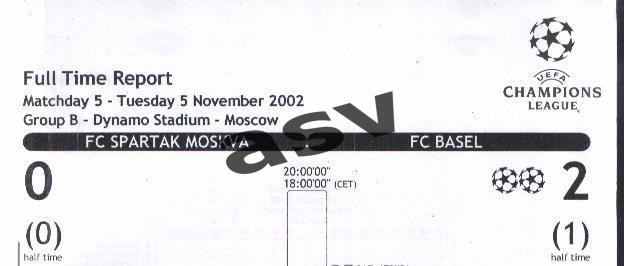 Протоколы. Спартак Москва - Базель - 05.11.2002 Лига Чемпионов. 4 листа. Эл. вид