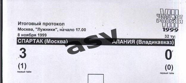 Спартак Москва - Алания Владикавказ - 08.11.1999 Итоговый протокол