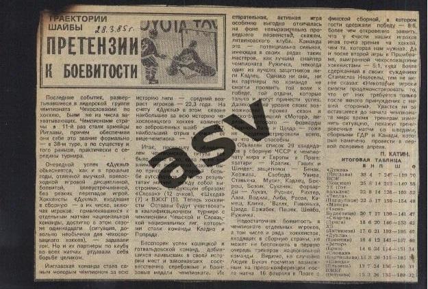 1985 ЧССР / Траектории шайбы / Претензии к боевитости / Сов.спорт 28.05.1985