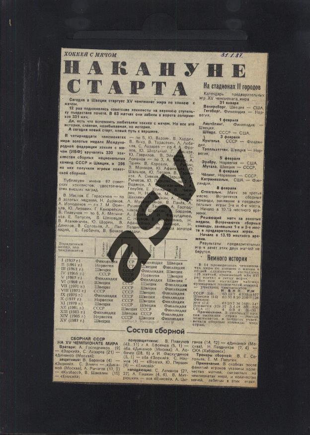 1987. Хоккей с мячом / Чемпионат мира / Накануне старта / Сов. спорт 31.01.1987