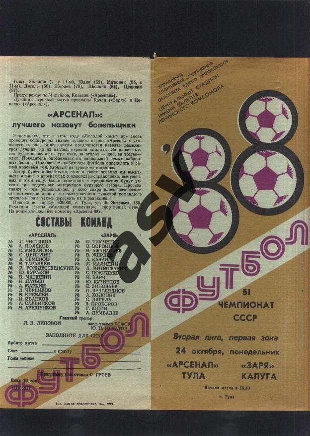 Арсенал Тула - Заря Калуга — 22.10.1988