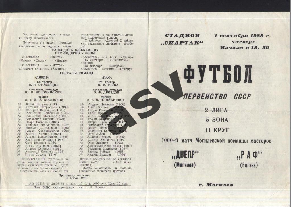 Днепр Могилев - РАФ Елгава — 01.09.1988