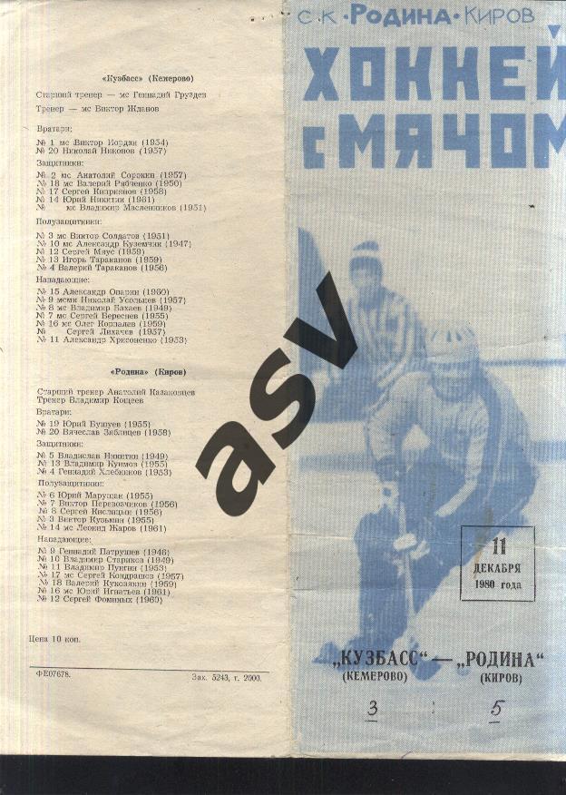 Родина Киров - Кузбасс Кемерово — 11.12.1980