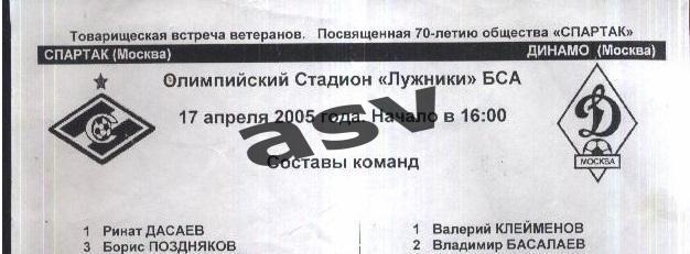 Спартак Москва - Динамо Москва — 17.04.2005 ТМ Ветераны Стартовый протокол